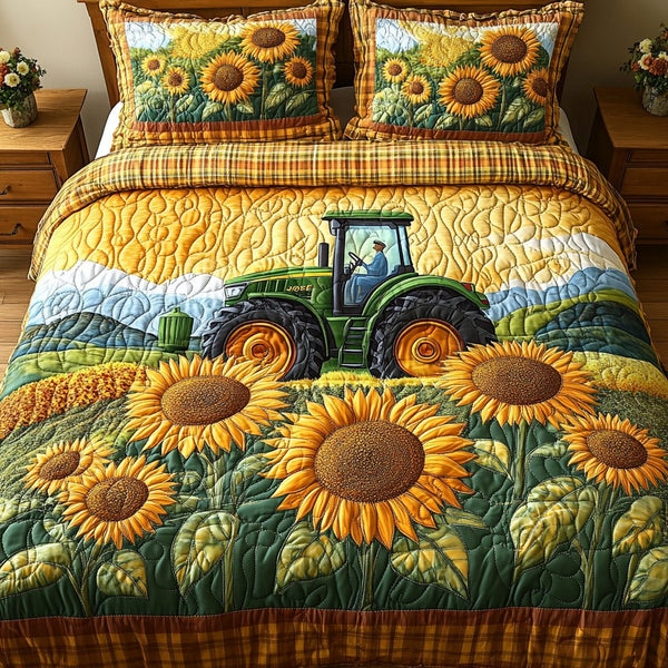 Golden Wheels quilted 3-piece bedding set on a made bed with two matching pillow shams