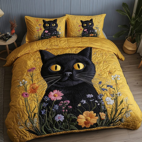 Golden Whiskers quilted 3-piece bedding set on a made bed with two matching pillow shams