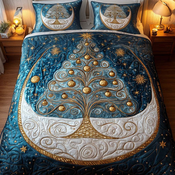 Golden Whisper Of Winter quilted 3-piece bedding set on a made bed in a winter-styled bedroom