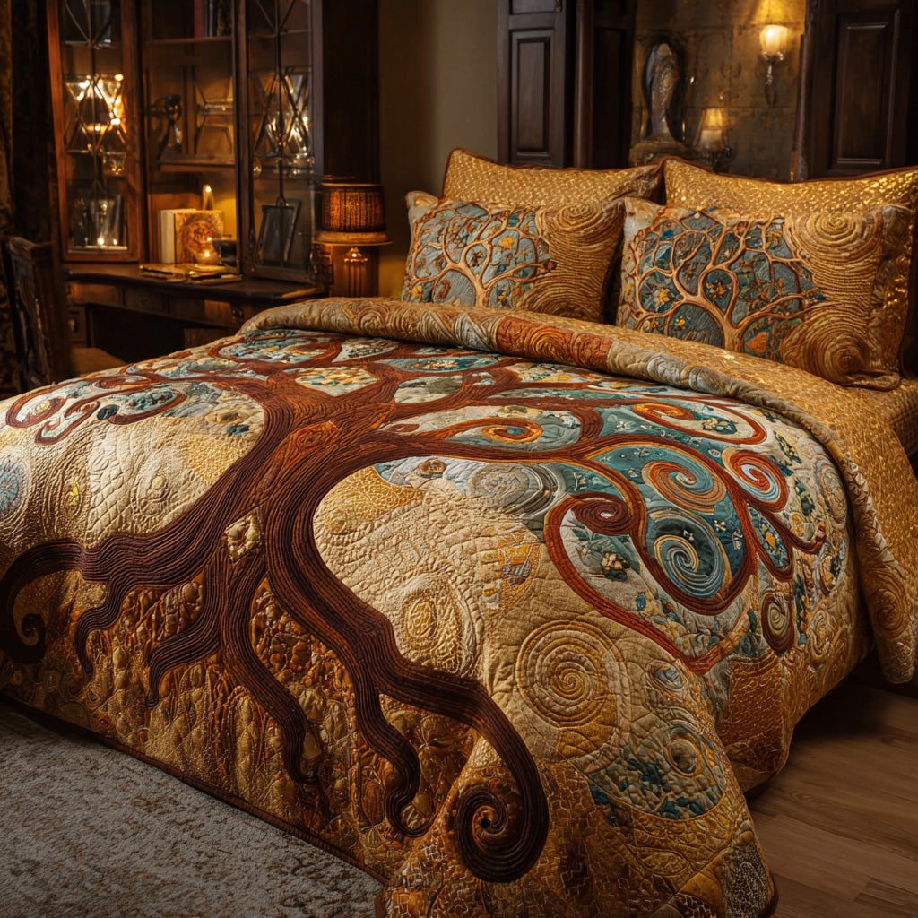 Golden Whorls quilted 3-piece bedding set on a made bed with two matching pillow shams