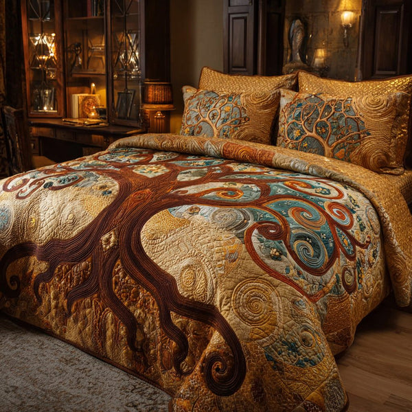 Golden Whorls quilted 3-piece bedding set on a made bed with two matching pillow shams