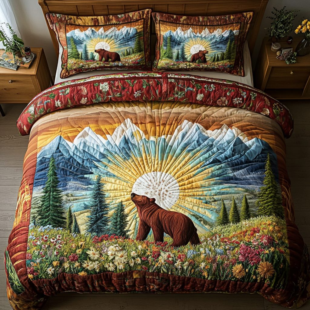 Golden Wilderness quilted 3-piece bedding set on a made bed with two matching pillow shams