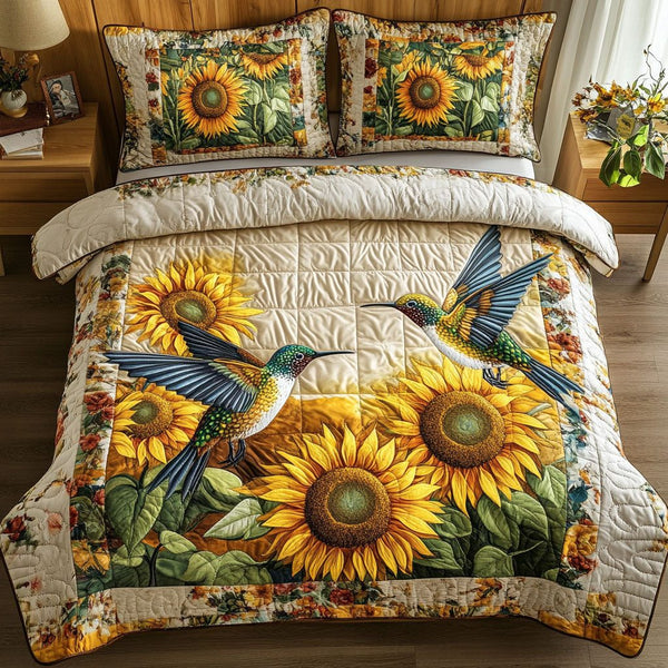 Golden Wings quilted 3-piece bedding set on a made bed with two matching pillow shams