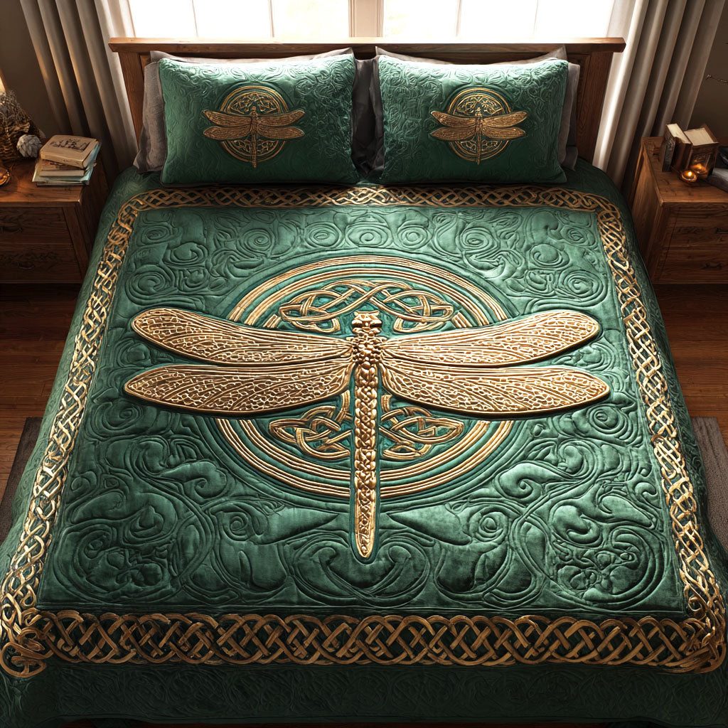 Golden Wings quilted 3-piece bedding set on a made bed with two matching pillow shams