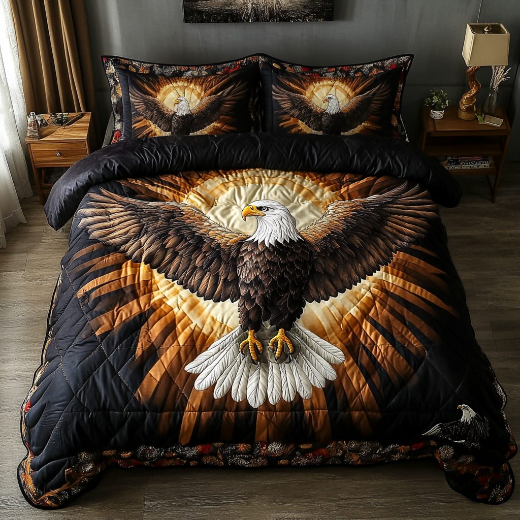 Golden Wings quilted 3-piece bedding set on a made bed with two matching pillow shams