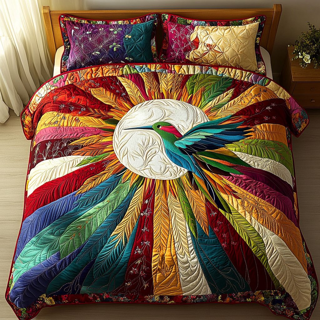Golden Wings quilted 3-piece bedding set on a made bed with two matching pillow shams