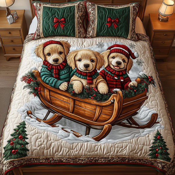 Golden Winter Bliss quilted 3-piece bedding set on a made bed in a winter-styled bedroom