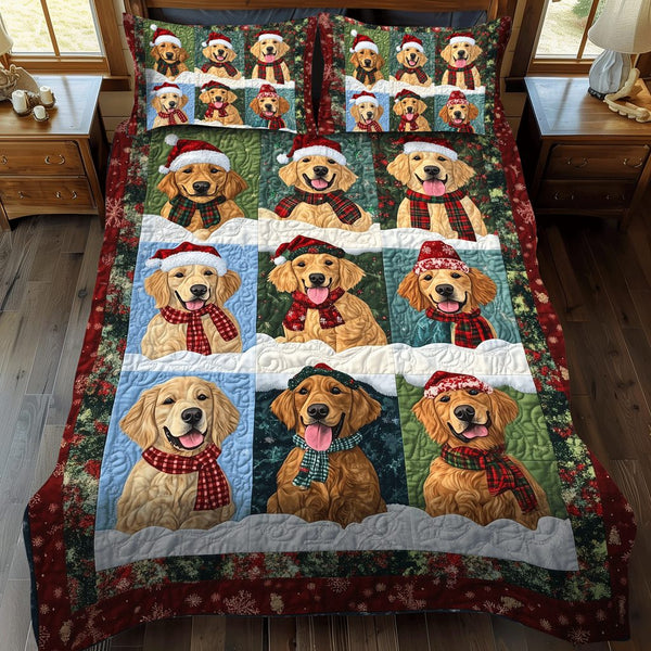 Golden Winter Wishes quilted 3-piece bedding set on a made bed in a winter-styled bedroom