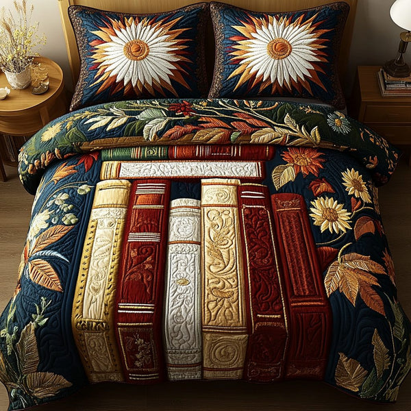 Golden Wisdom quilted 3-piece bedding set on a made bed with two matching pillow shams
