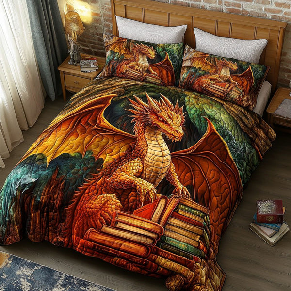 Golden Wisdom Watcher quilted 3-piece bedding set on a made bed with two matching pillow shams