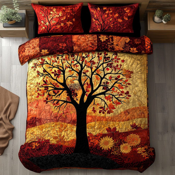 Golden Woods quilted 3-piece bedding set on a made bed with two matching pillow shams