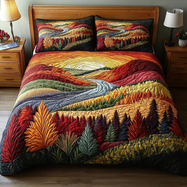 Golden Woods quilted 3-piece bedding set on a made bed with two matching pillow shams