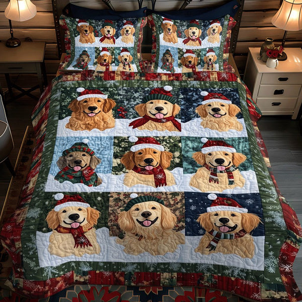 Golden Yuletide quilted 3-piece bedding set on a made bed with two matching pillow shams