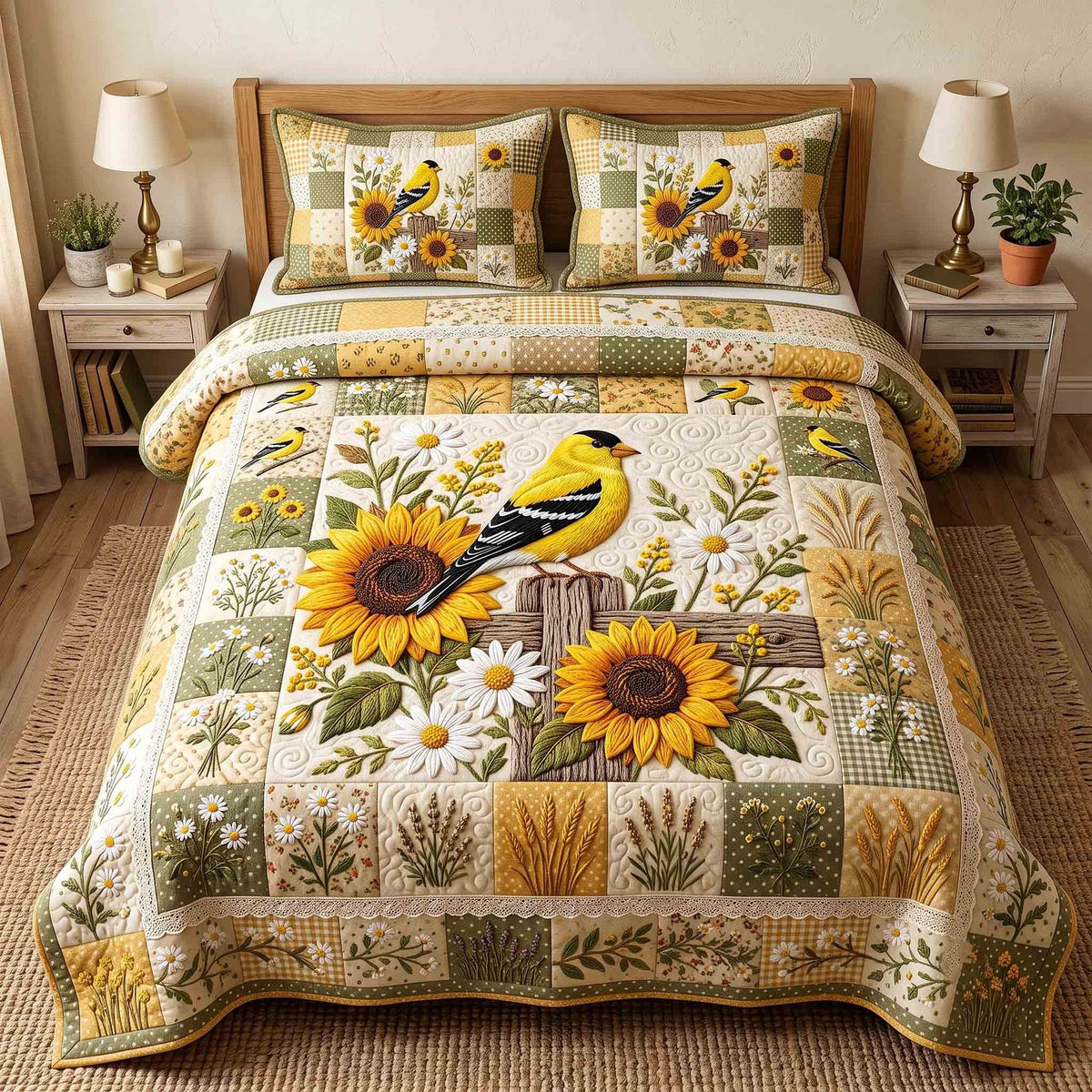 Goldfinch Sunflower Garden quilted 3-piece bedding set on a made bed with two matching pillow shams