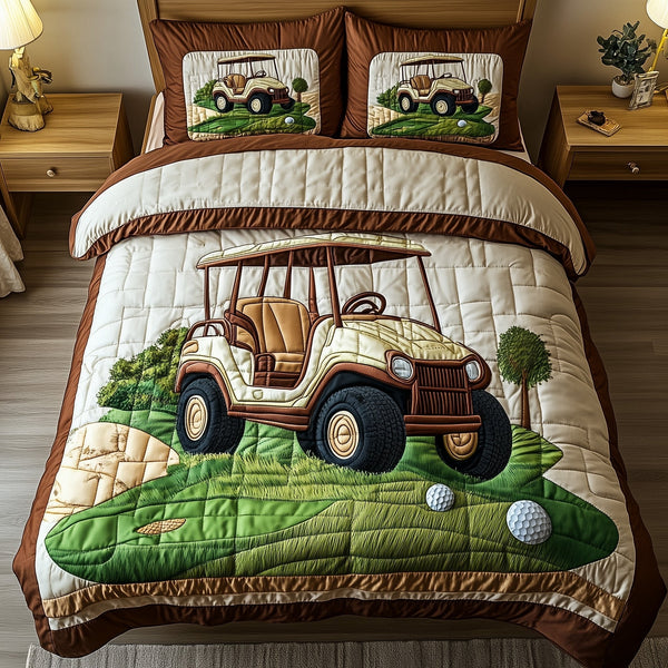 Golf Cart quilted 3-piece bedding set on a made bed with two matching pillow shams