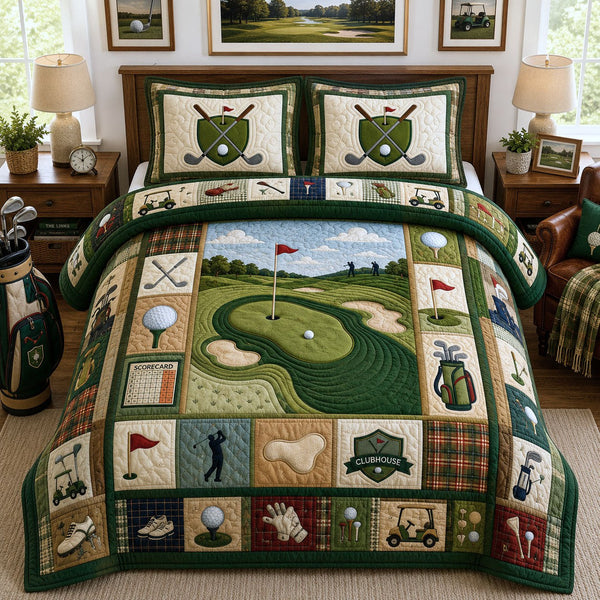 Golf Club quilted 3-piece bedding set on a made bed with two matching pillow shams