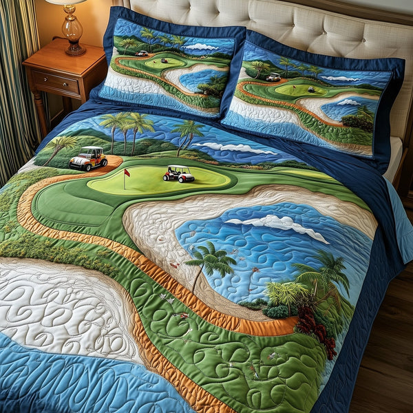 Golf Course Dream quilted 3-piece bedding set on a made bed with two matching pillow shams