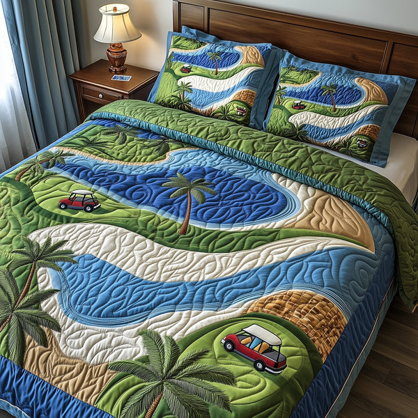 Golf Course Dream quilted 3-piece bedding set on a made bed with two matching pillow shams