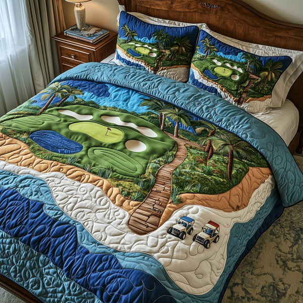 Golf Course Dream quilted 3-piece bedding set on a made bed with two matching pillow shams