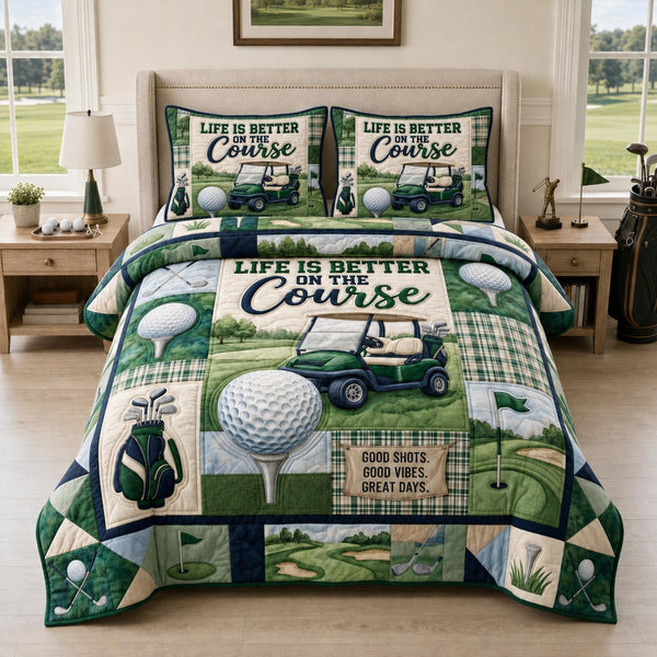 Golf Course quilted 3-piece bedding set on a made bed with two matching pillow shams