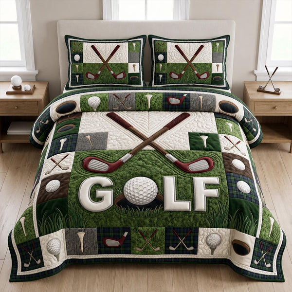 Golf Course quilted 3-piece bedding set on a made bed with two matching pillow shams