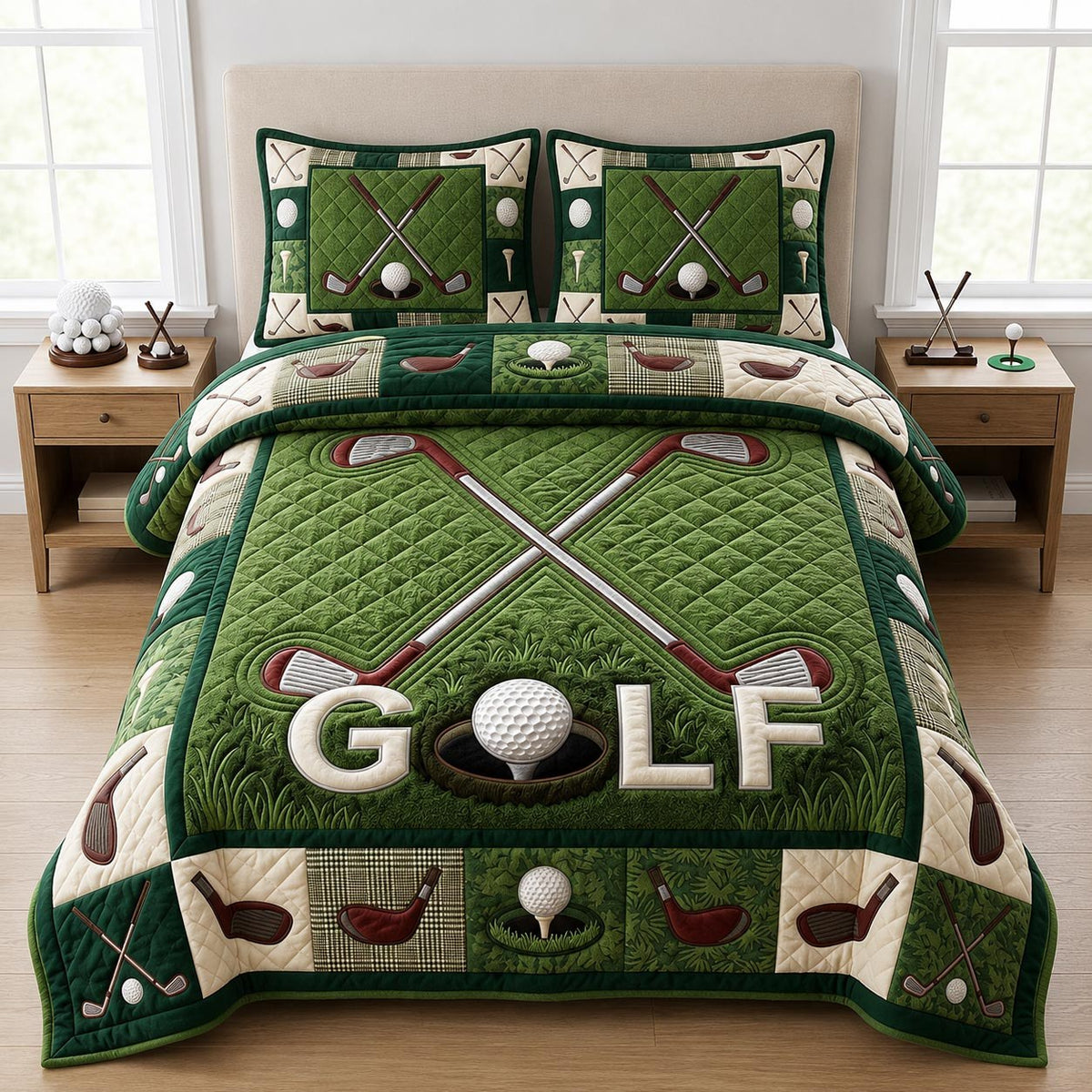 Golf Course quilted 3-piece bedding set on a made bed with two matching pillow shams
