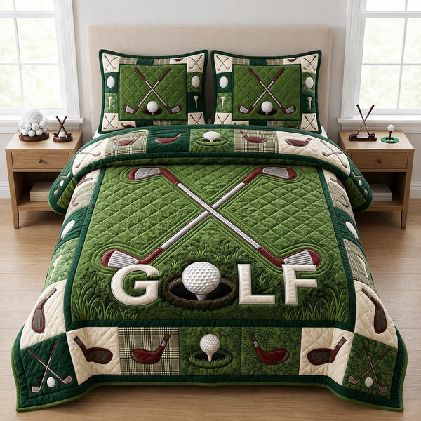 Golf Course quilted 3-piece bedding set on a made bed with two matching pillow shams