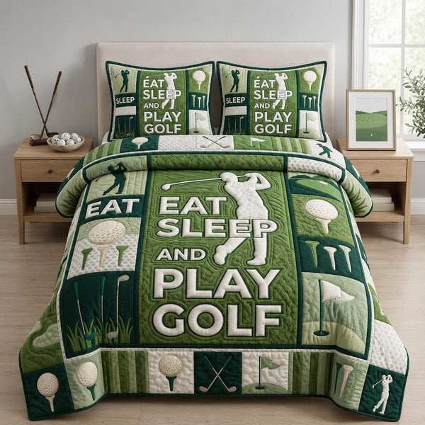 Golf Course quilted 3-piece bedding set on a made bed with two matching pillow shams