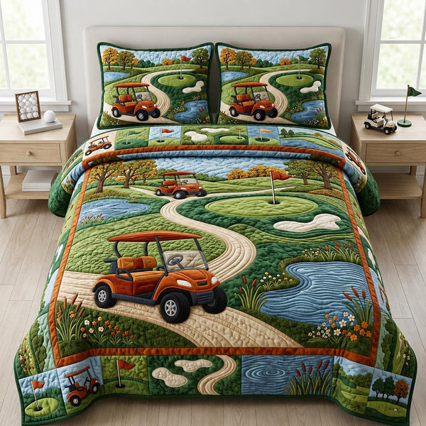 Golf Course quilted 3-piece bedding set on a made bed with two matching pillow shams