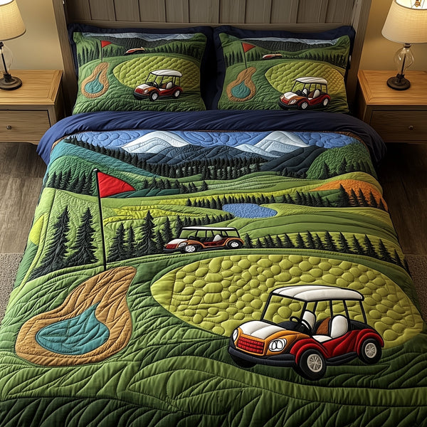 Golf Course quilted 3-piece bedding set on a made bed with two matching pillow shams