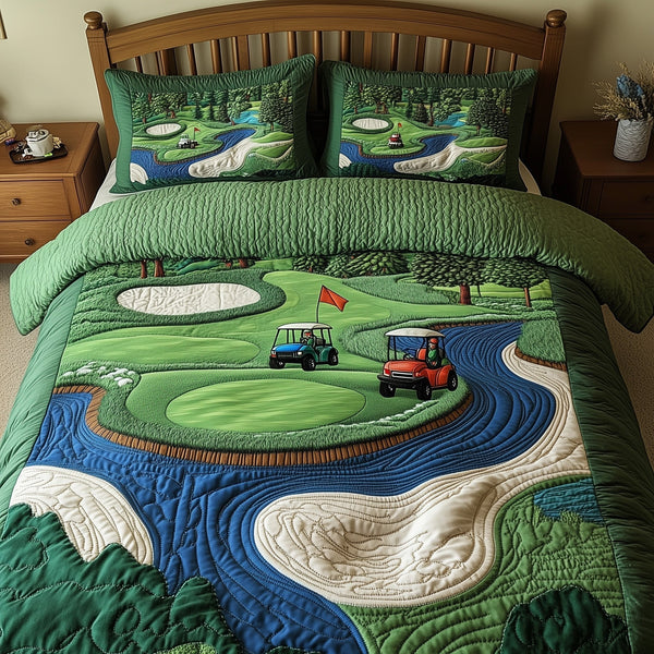 Golf Course quilted 3-piece bedding set on a made bed with two matching pillow shams