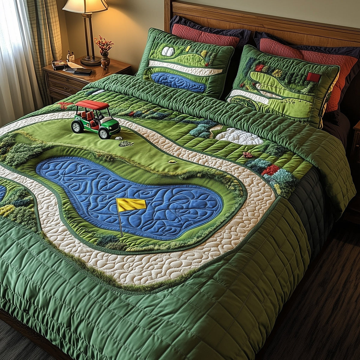 Golf Course quilted 3-piece bedding set on a made bed with two matching pillow shams