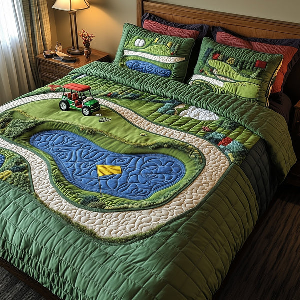 Golf Course quilted 3-piece bedding set on a made bed with two matching pillow shams
