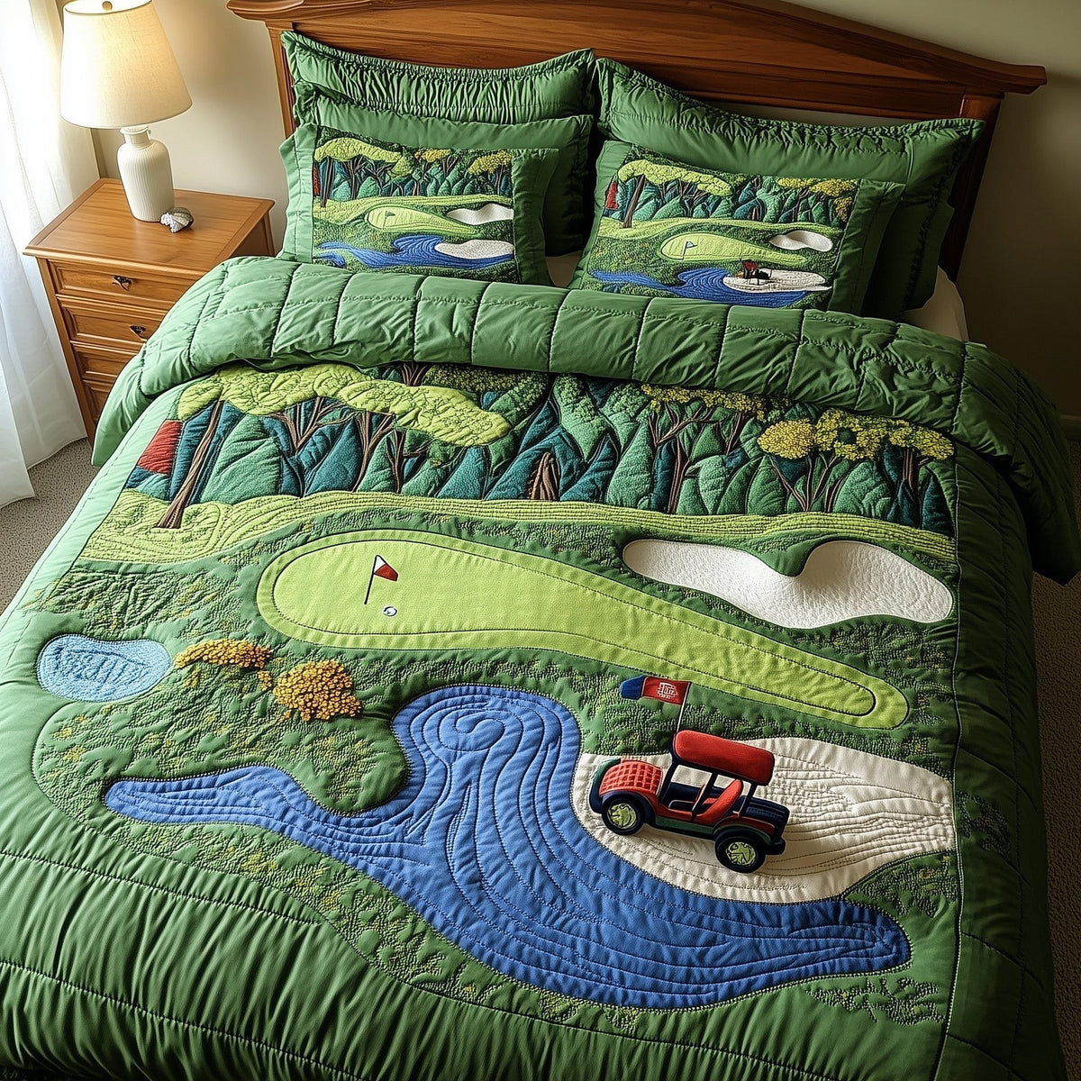 Golf Course quilted 3-piece bedding set on a made bed with two matching pillow shams