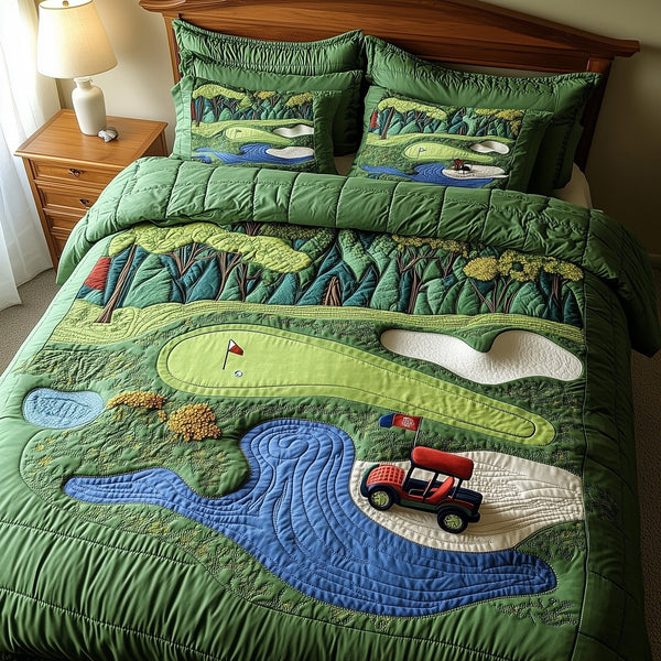 Golf Course quilted 3-piece bedding set on a made bed with two matching pillow shams