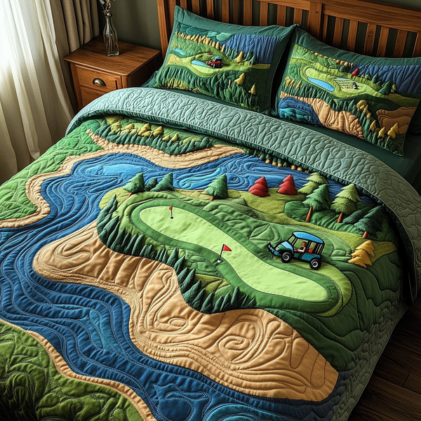 Golf Course quilted 3-piece bedding set on a made bed with two matching pillow shams
