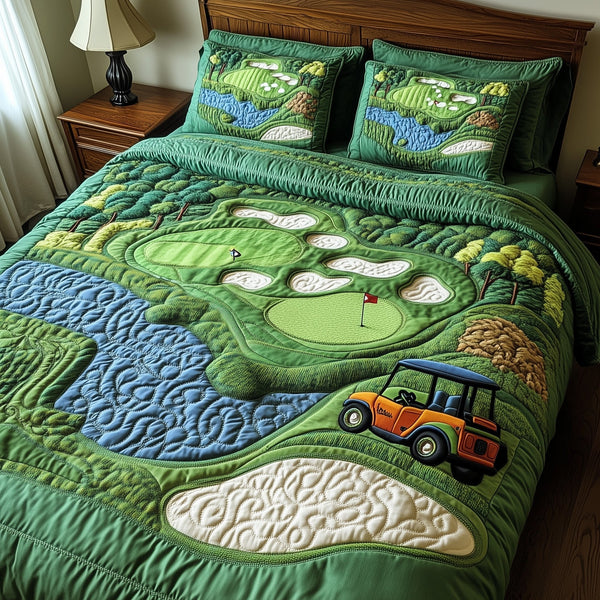 Golf Course quilted 3-piece bedding set on a made bed with two matching pillow shams