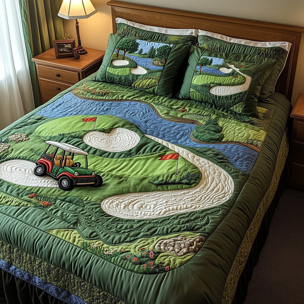 Golf Course quilted 3-piece bedding set on a made bed with two matching pillow shams