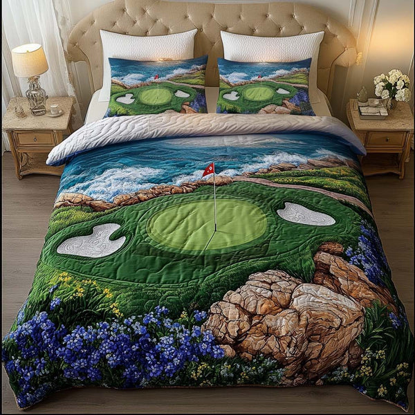 Golf Course quilted 3-piece bedding set on a made bed with two matching pillow shams