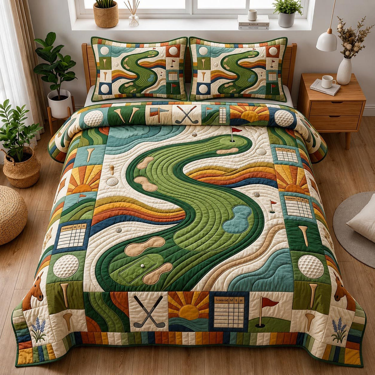 Golf Legacy quilted 3-piece bedding set on a made bed with two matching pillow shams