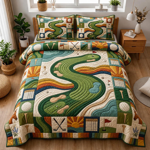 Golf Legacy quilted 3-piece bedding set on a made bed with two matching pillow shams