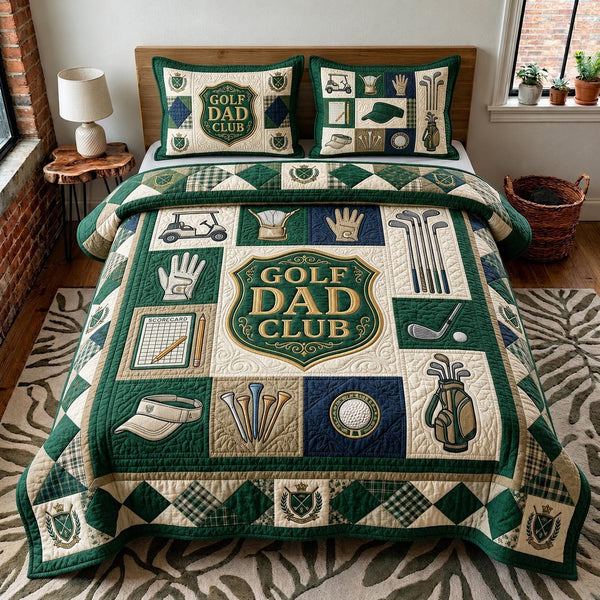 Golf Legacy quilted 3-piece bedding set on a made bed with two matching pillow shams