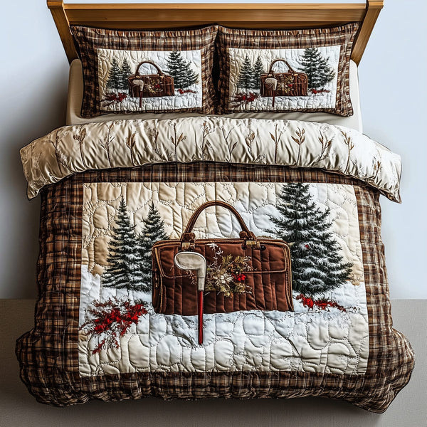 Golf Life quilted 3-piece bedding set on a made bed with two matching pillow shams