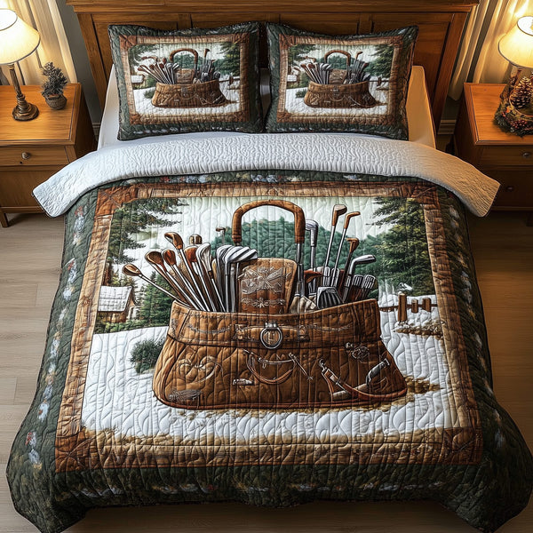 Golf Life quilted 3-piece bedding set on a made bed with two matching pillow shams