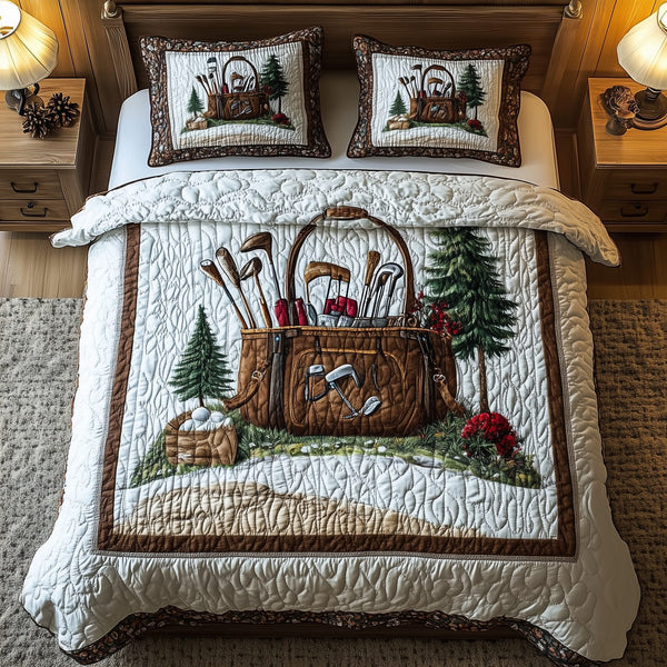 Golf Life quilted 3-piece bedding set on a made bed with two matching pillow shams