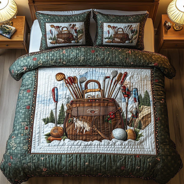 Golf Life quilted 3-piece bedding set on a made bed with two matching pillow shams