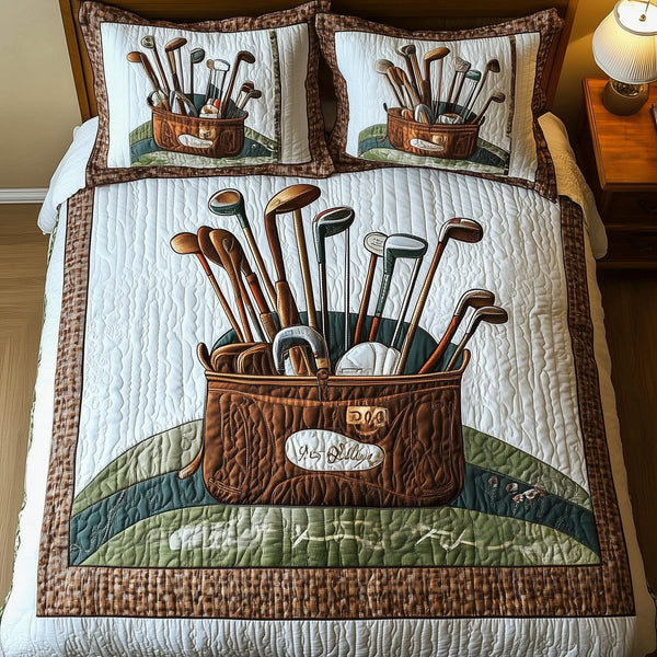 Golf Life quilted 3-piece bedding set on a made bed with two matching pillow shams