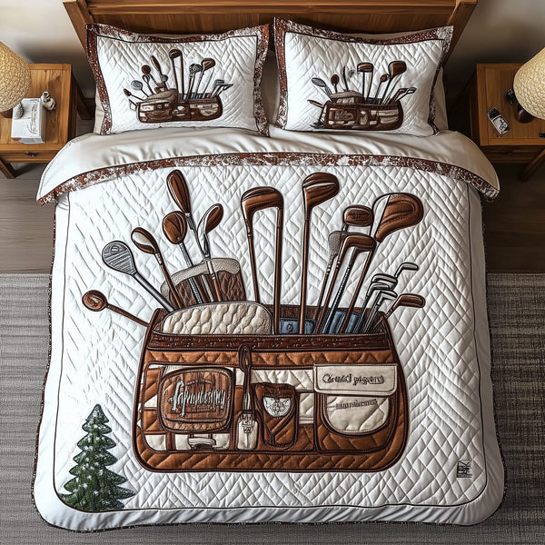 Golf Life quilted 3-piece bedding set on a made bed with two matching pillow shams