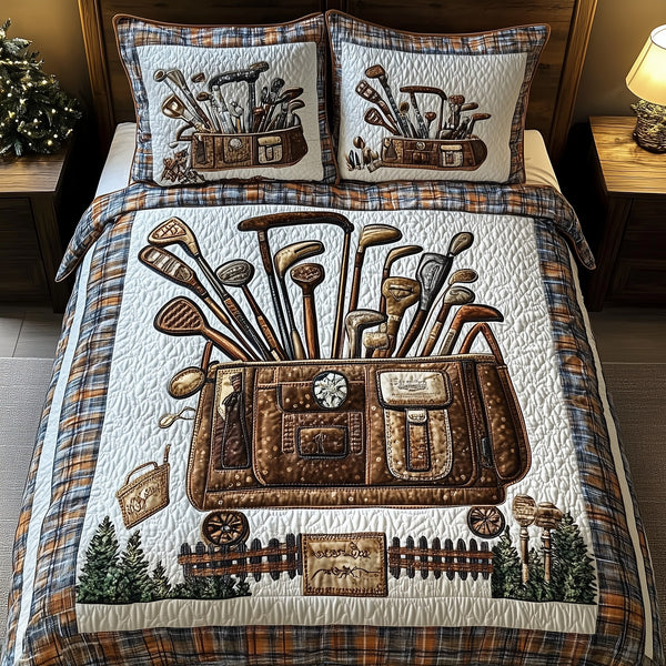 Golf Life quilted 3-piece bedding set on a made bed with two matching pillow shams