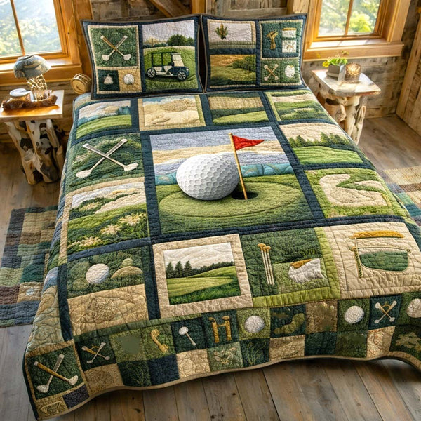 Golf Lodge quilted 3-piece bedding set on a made bed with two matching pillow shams